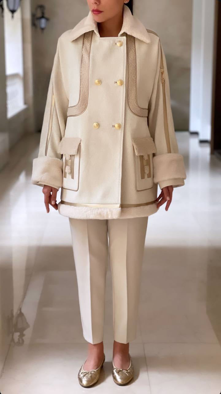 Double-Breasted Cream Shearling Coat