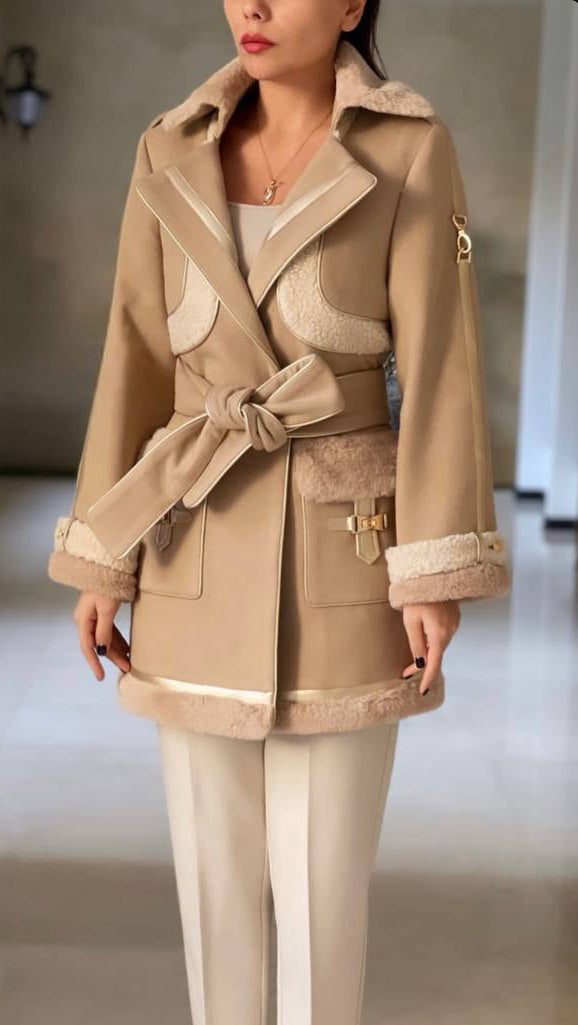 Camel Belted Shearling Coat