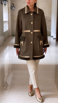 Dark Olive Suede Shearling Coat with Gold Accents