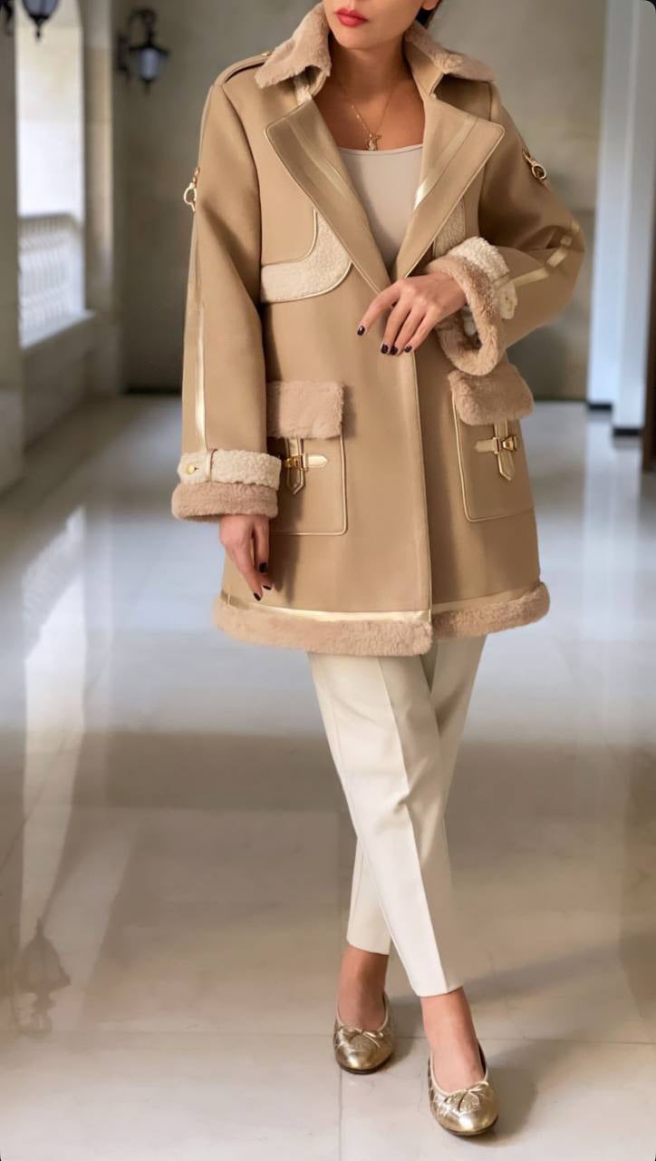 Camel Shearling Coat with Gold Hardware